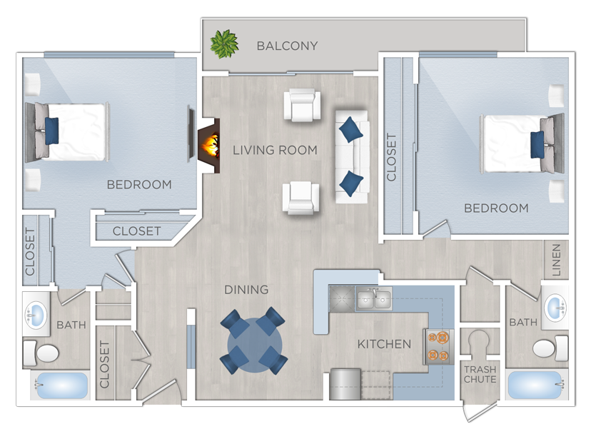 Floor plan for 2 beds, 2 baths, 1209 sqft